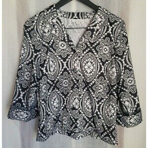 Dressbarn Women's Blouse Size M Black White Geometric 3/4 Sleeve V Neck Stretch